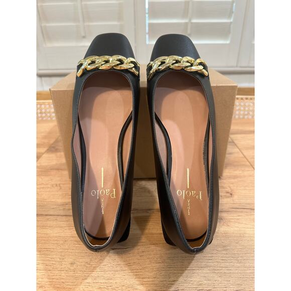 Linea Paolo Natalie Black Flats Size 7 NWOB Gold Chain Detail Unique Heel - Picture 10 of 12